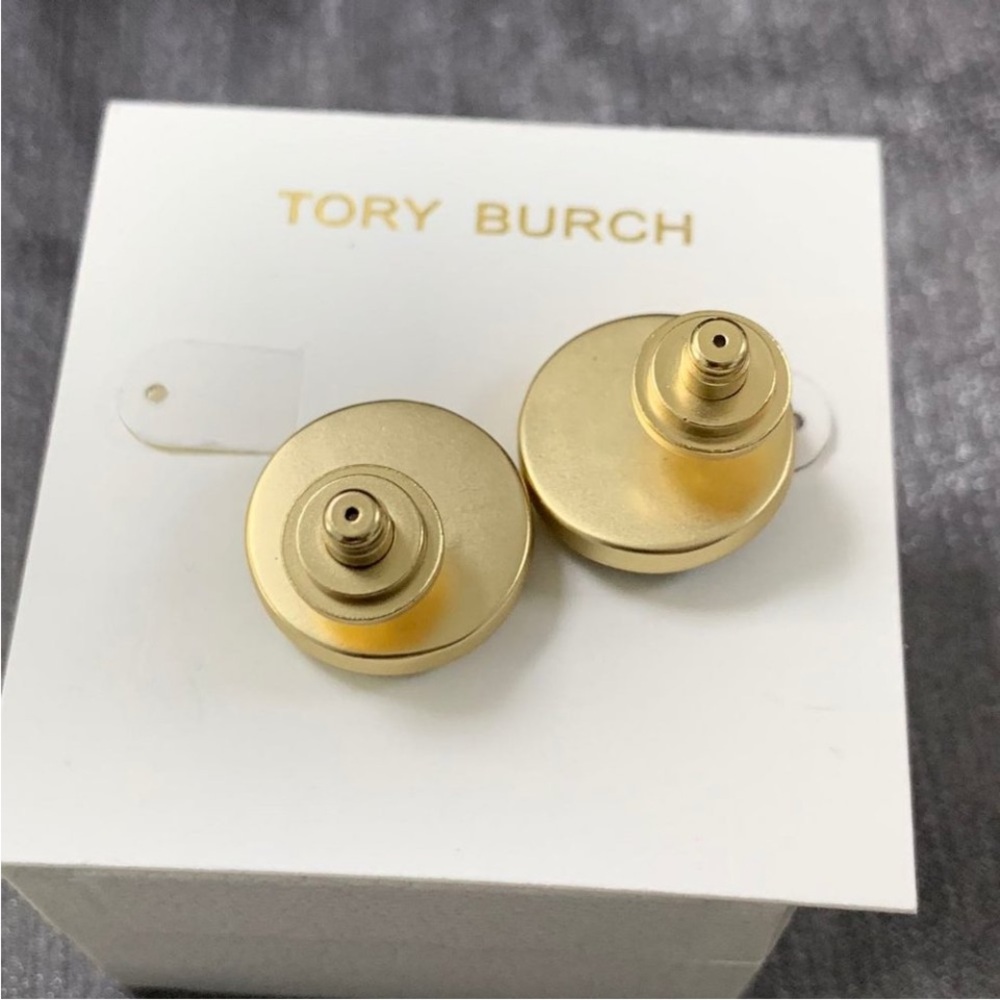 Tory Burch semiprecious lapis blue round button stud logo earrings - Picture 6 of 10